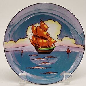 Hand Painted Decorative Bread Plate With Sailing Ship & Ocean Scene Japanese